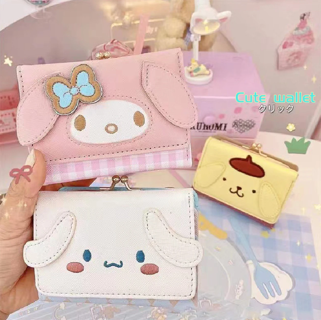 

Hello Kitty Kawaii Sanrio Girls Wallet Mymelody Cinnamoroll Kuromi Zipper Wallet PU Bag Card Holder Folding Bag Coin Purse