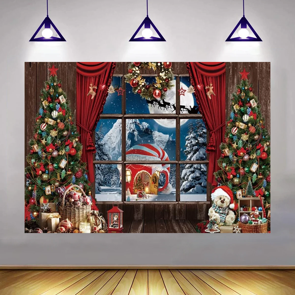 

Merry Christmas Tree Window Decor Background Santa Moon Night Backdrop Photography Banner Festival New Year Party Decorations