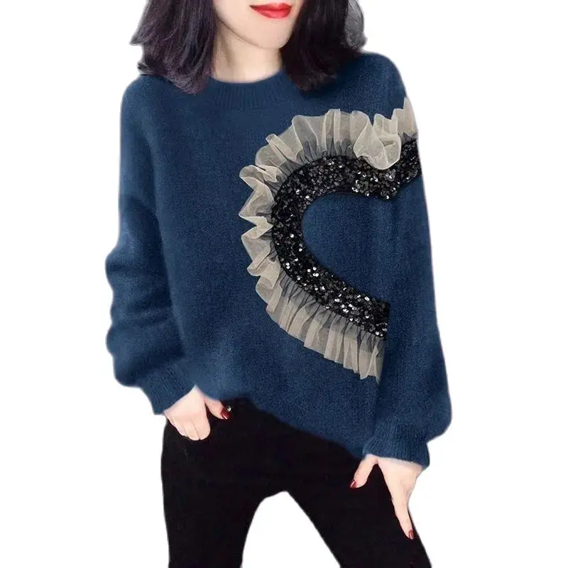 Fashion Design Women's Knitwear Sequined Mesh Stitching Navy Nlue Knitted Sweater Pullover New 2023 Spring Autumn Coat Female
Fashion Design Women's Knitwear Sequined Mesh Stitching Navy Nlue Knitted Sweater Pullover New 2023 Spring Autumn Coat Female