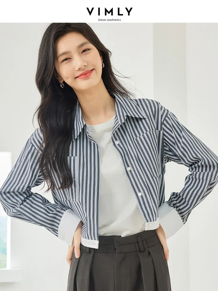

Vimly Contrast Striped Cotton Cropped Shirts for Women 2023 Autumn Shacket Lapel Button Up Overshirt Long Sleeve Top Women M3950