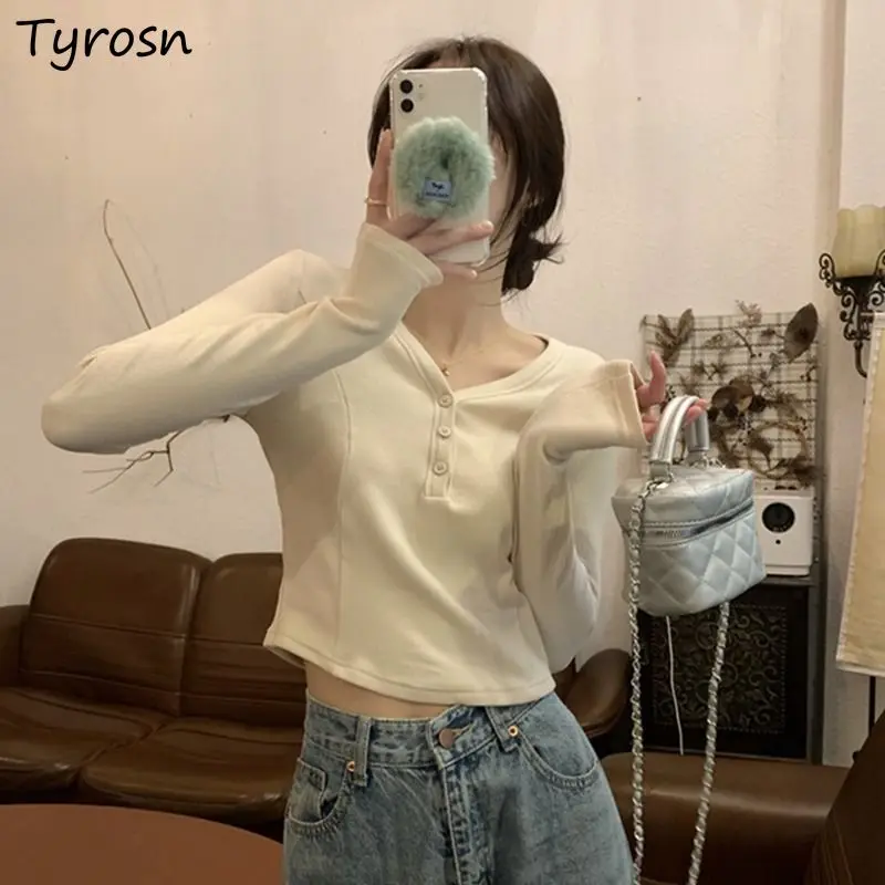 

Crop Top T-shirts Women V-neck Inner Casual Spring Autumn Clothes Ulzzang Simple Buttons All-match Females Harajuku Chic Classic