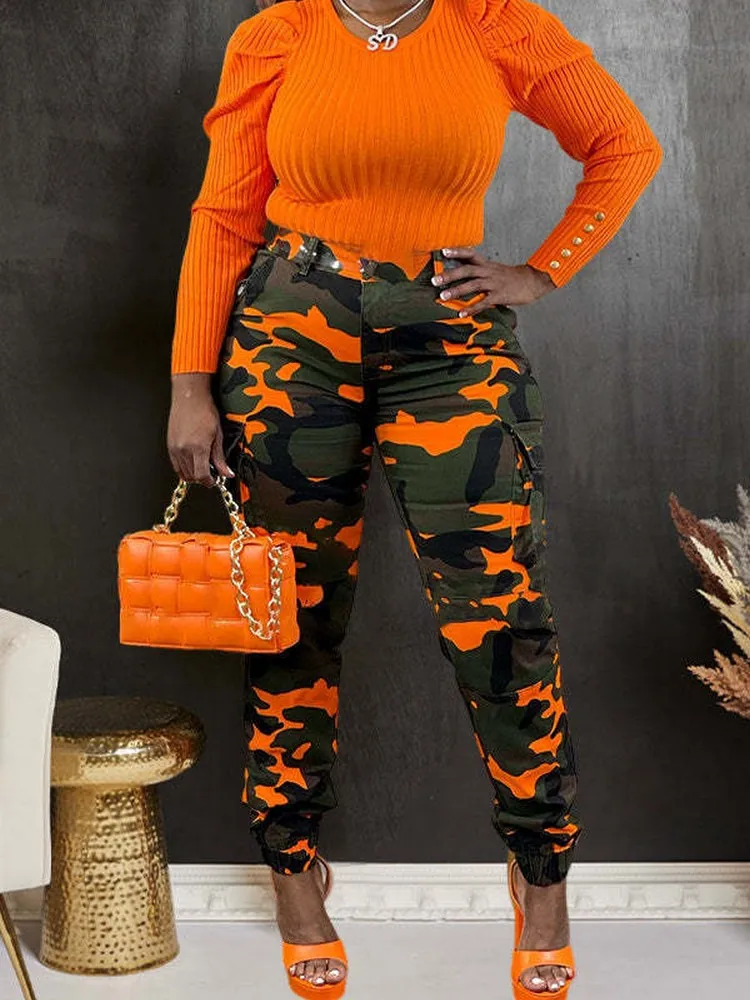 

Camo Camouflage High Waist Cargo Pants for Women Fashion Button Fly Slim Fit Pencil Pant with Multi-pockets High Street Trousers