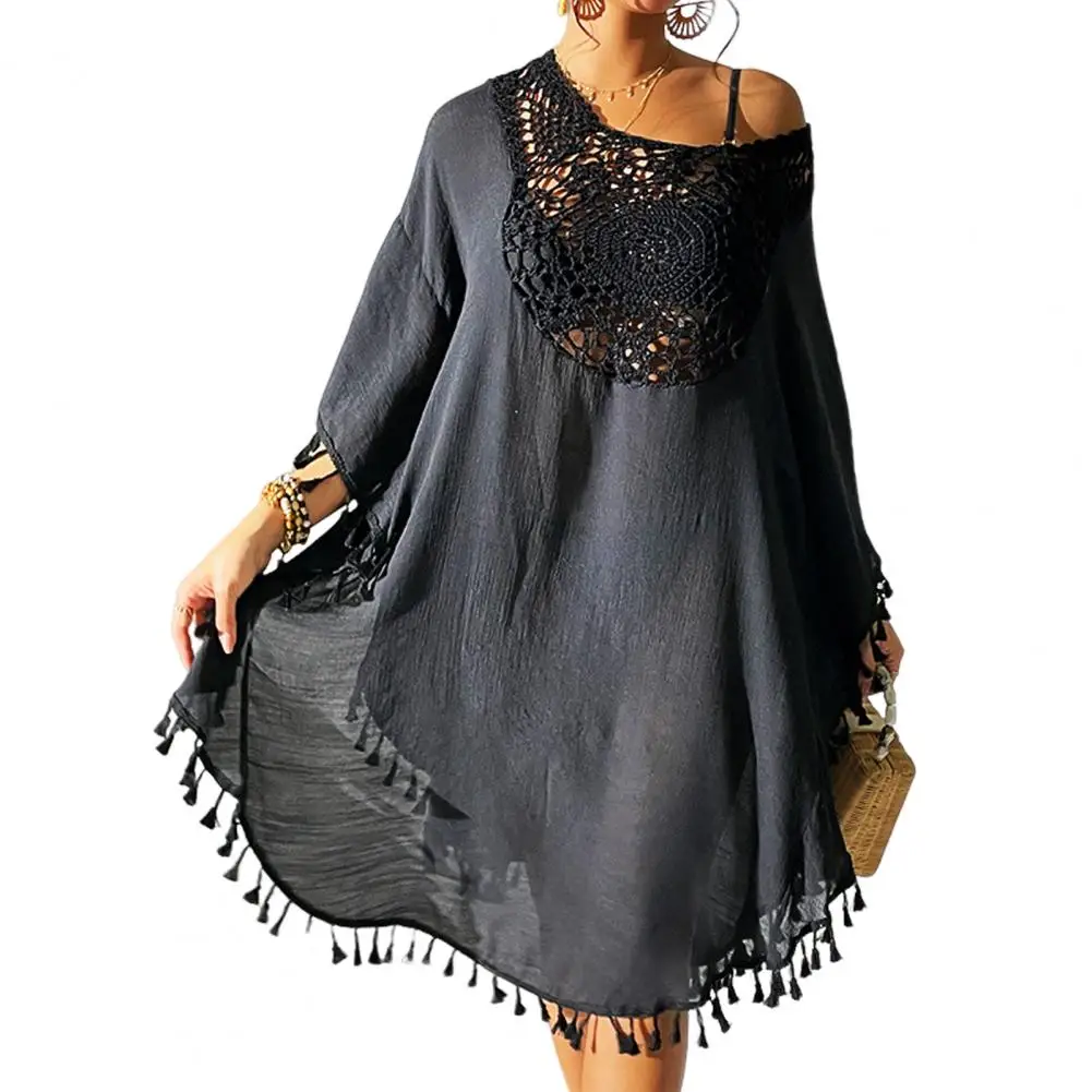 

Woman swimsuit Bikini Cover Up O-Neck Half Sleeve Fringed Hollow Design Loose Swimsuit Loose Cover Up Dress
