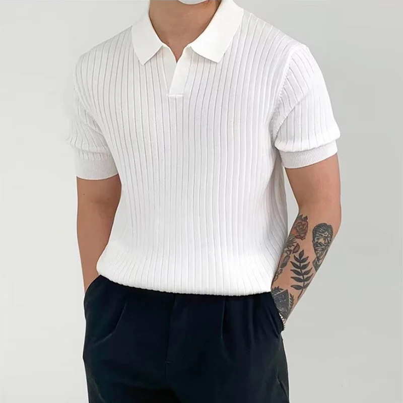 

Модная трикотажная однотонная мужская рубашка-поло, приталенная рубашка-поло с коротким рукавом и отложным воротником, футболка-поло в рубчик, лето 2023, Мужская одежда, повседневные топы