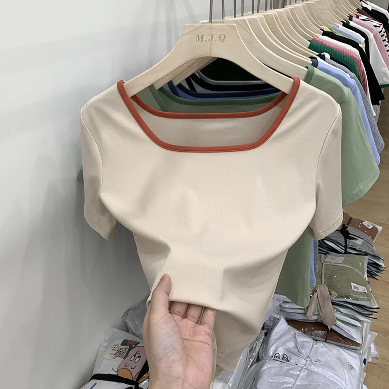 Cotton Minimalist Design Short T-shirt Women Summer Sweet Slim Square Collar Basic Tops Splicing Color Short Sleeve Tshirt
Cotton Minimalist Design Short T-shirt Women Summer Sweet Slim Square Collar Basic Tops Splicing Color Short Sleeve Tshirt