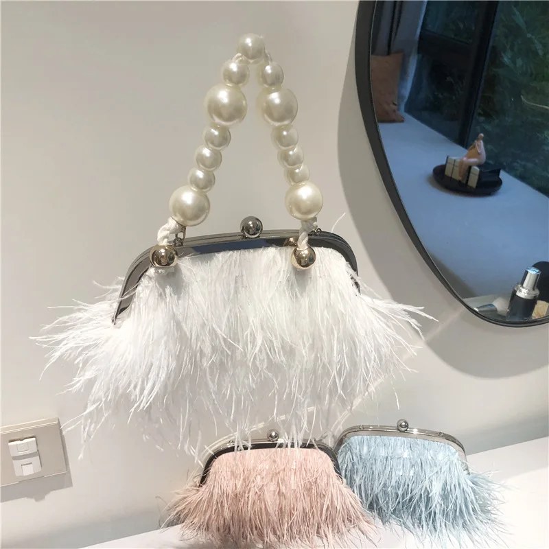 

2023 Luxury Fashion Women's Bag Ostrich Fur Feather Tassel Evening Bags Ladies Day Clutches Party Wedding Purses Chain Handbag