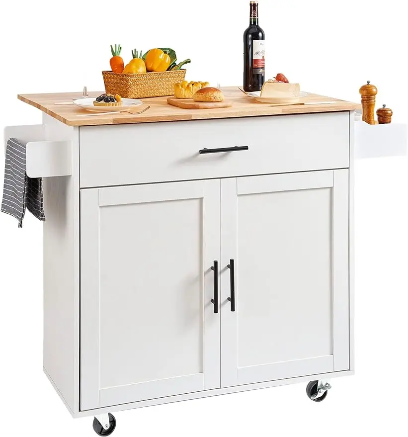 

Kitchen Island Cart with Solid Wood Top 35.4" Width Mobile Carts with Storage Cabinet Rolling Kitchen Table with Spice Rack