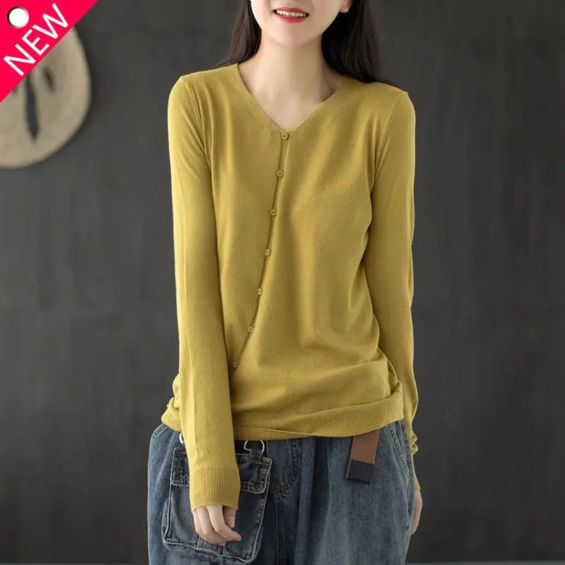 

Autumn and Winter Elegant Fashion Chic Minimalist Sweaters Women Solid Color Loose Casual Long Sleeve V Neck All Match Pullover