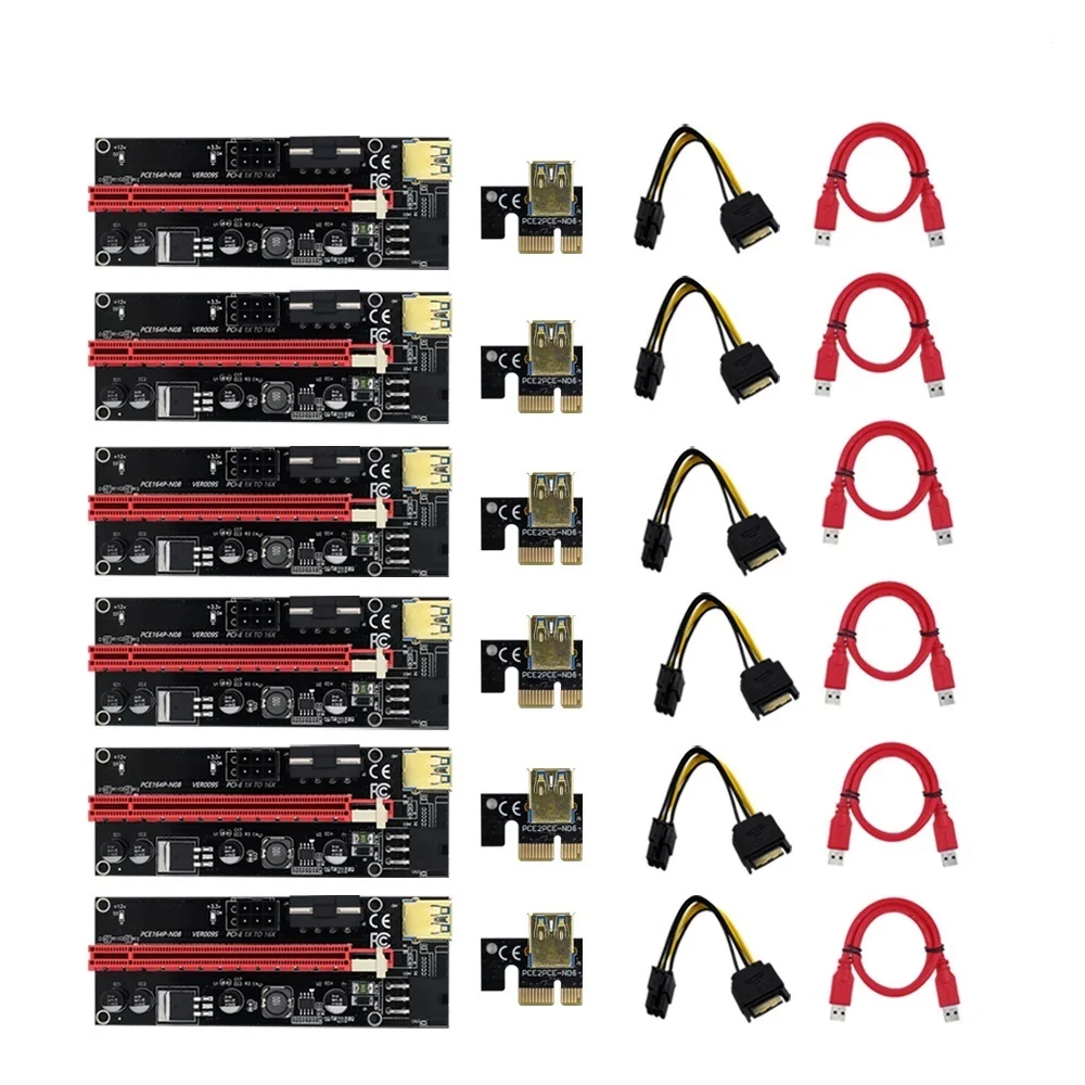 

New 6pcs gpu PCIE PCI-E Riser 009S card PCI E X16 PCI Express 6Pin to SATA 1X 16X USB3.0 Extender LED For Mining ETH BTC