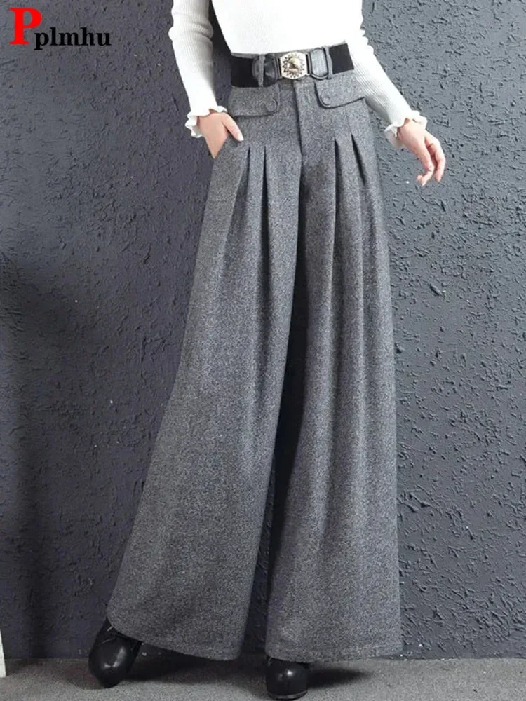 

Осенне-зимние шерстяные брюки-кюлоты, элегантные широкие брюки с высокой талией, Женские Мешковатые модные брюки в Корейском стиле