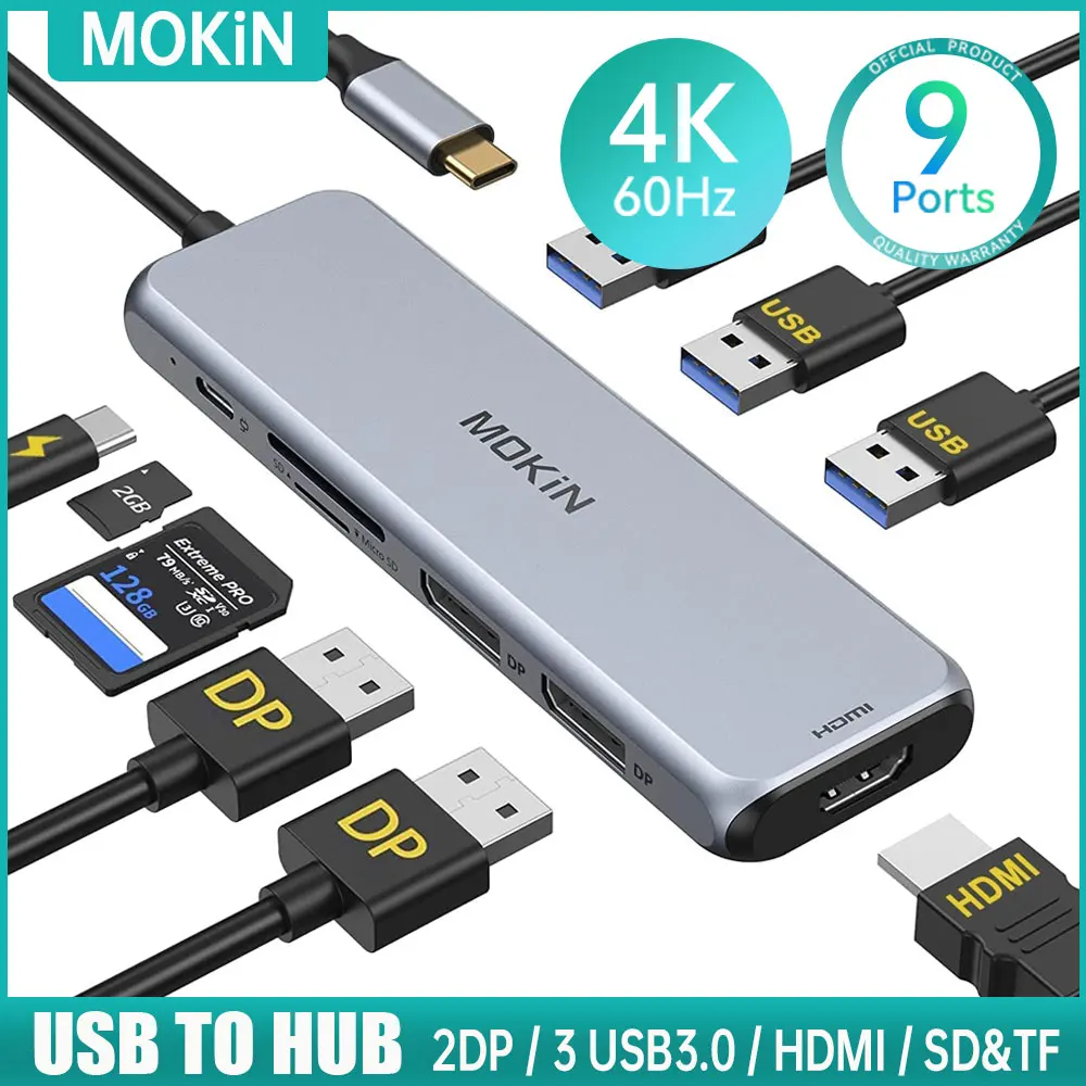 

USB-концентратор MOKiN 4K @ 60 Гц HDMI для MacBook HP Lenovo USB C концентратор 3 USB 3,0, 2 DP,SD и TF, PD 100 Вт адаптер док-станция аксессуары для ПК