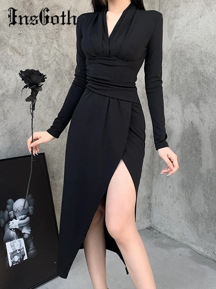

InstaHot Sexy V Neck Black Dress Goth High Waist Long Sleeve Dresses Vintage Elegant Party Night Slit Dress Women Outwears