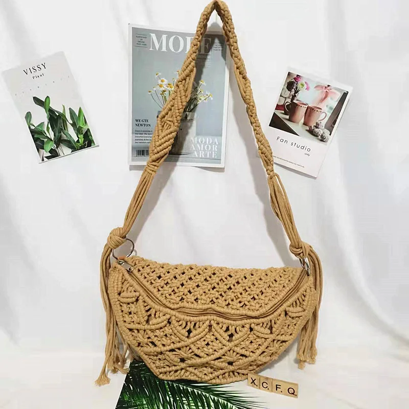 

Летняя Пляжная плетеная ручная сумка с кисточками, хлопковая вязаная крючком сумка-тоут для путешествий, сумки в этническом стиле, сумка для подмышек