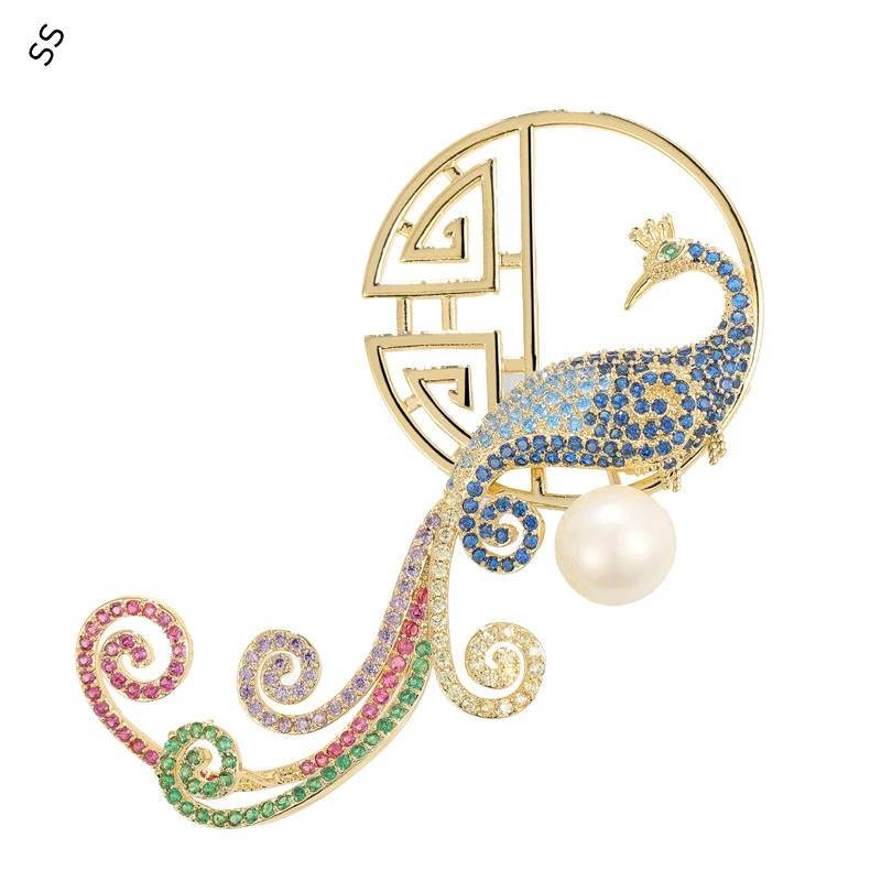 

Luxury Chinese Element Phoenix Brooch Upscale Colorful Peacock Corsage Agate Pearl Pin Accessories for Women 14K Gold Plated