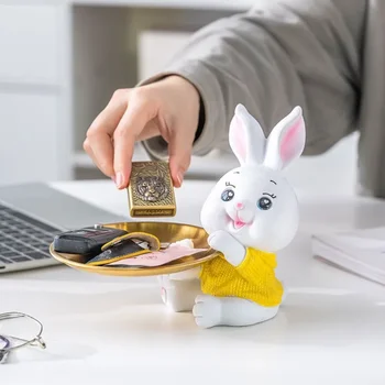토끼 조각상 트레이 장식 열쇠 보관 집 거실 책상 장식, 토끼 조각 공예 선물, 집 장식 입상
