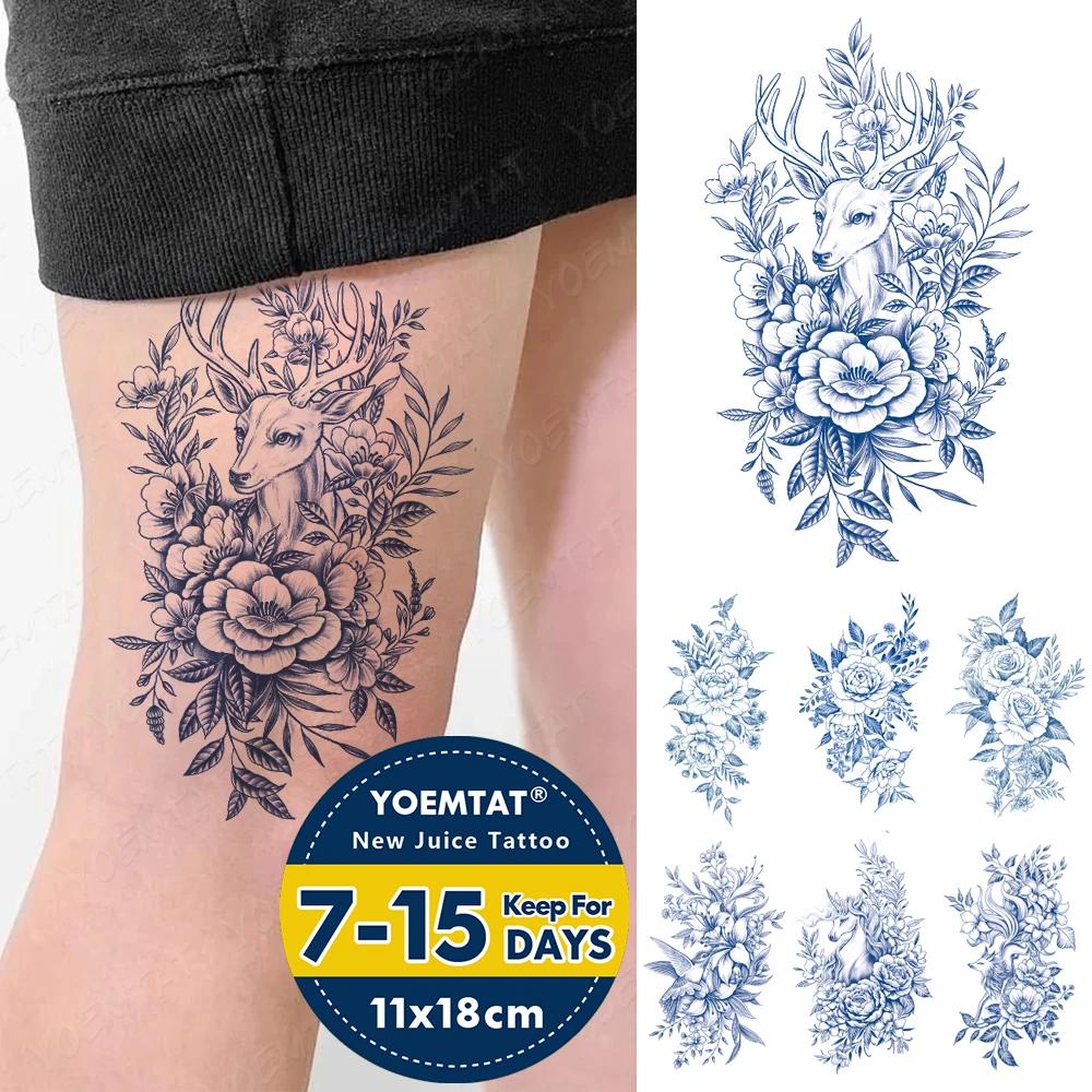 

Полуперманентная водостойкая Временная тату-наклейка, олень, пион, цветок, лист, стойкая чернильная тату, боди-арт, кинипианские травяные искусственные татуировки