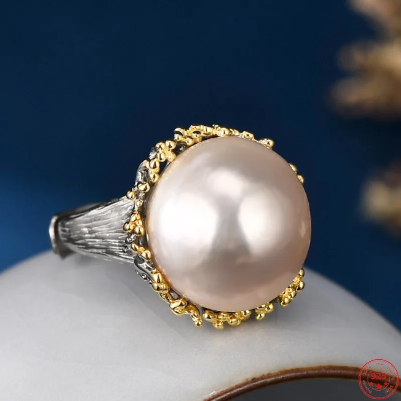 

Genuine S925 Sterling Silver Rings for Women New Fashion Freshwater Pearl Vintage Little Flowers Palace Style Jewelry Wholesale