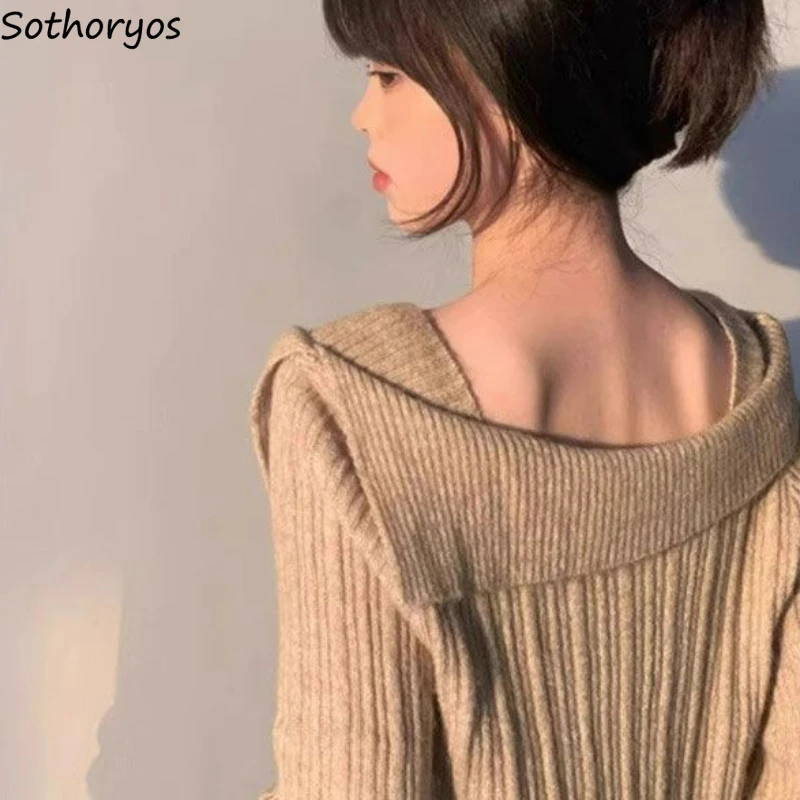 

Pullovers Women Slash Neck Off Shoulder Asymmetrical Solid Simple Leisure Slim Korean Style Trendy Design Autumn Knitting Ladies