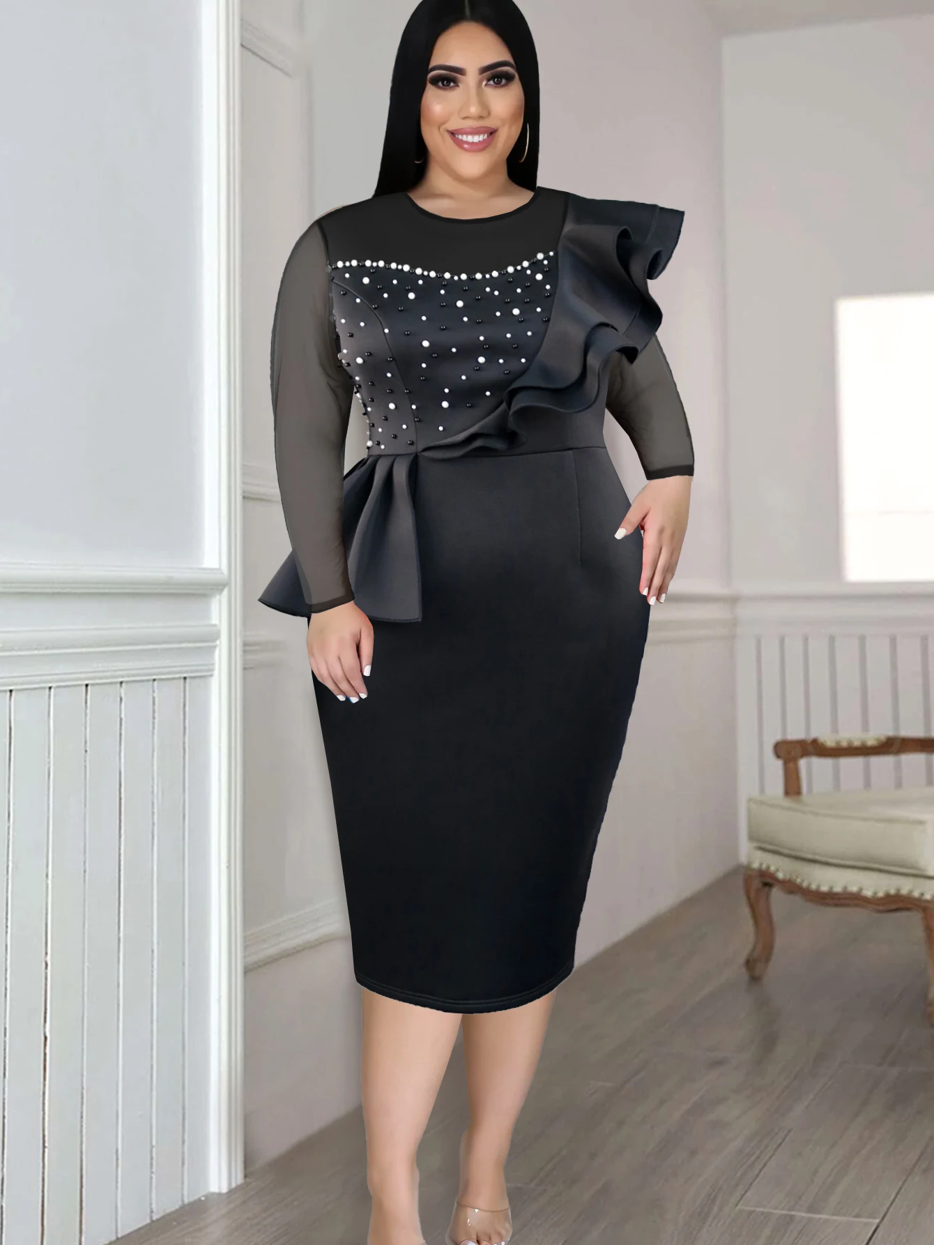 

Beading Dresses for Women Sheath Gauze Patchwork Long Sleeves Ruffles Mid-calf Celebrate Birthday Wedding Guest Plus Size Gowns