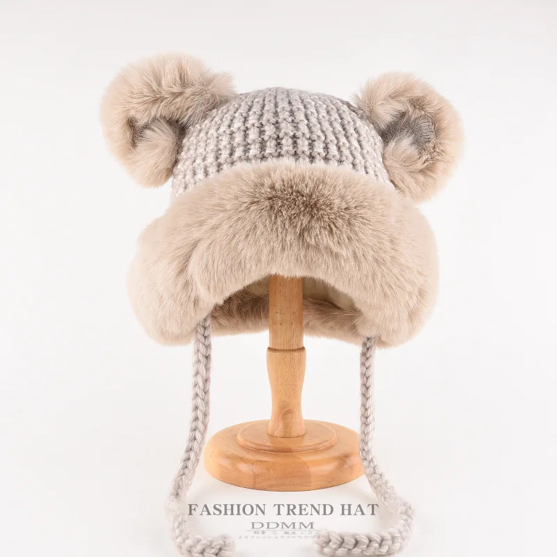 

Осенне-зимняя шерстяная шапка с милым медведем, Женская утолщенная теплая вязаная шапка, велосипедная шапка с защитой от холода, шапка с северо-восточными ушами Lei Feng