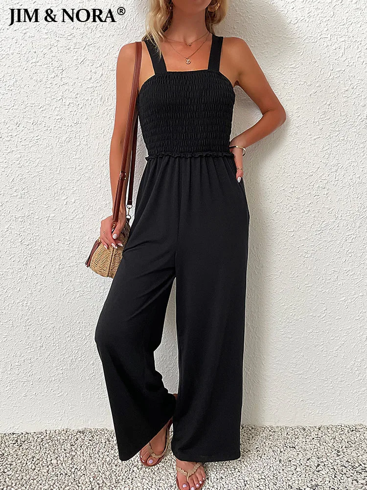 

JIM & NORA New Fashion Solid Women's Sexy Overalls Jumpsuit Casual Bodysuits Sleeveless Wide Leg Bib with Pocket Playsuits