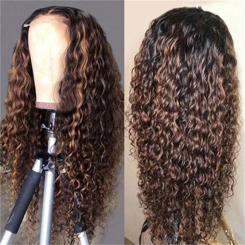 

Long Soft Highlight Brown Kinky Curly 180Density Lace Front Wig For Black Women BabyHair Glueless Preplucked Heat Resistant