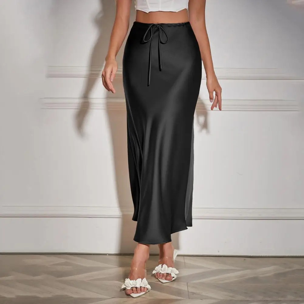 

Women's Fashion 2024 Flowing Satin Midi Skirt Women Vintage Elastic High Waist Flared hem High Street Female Skirt