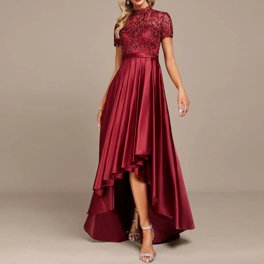 

Burgundy Dubai Saudi Arbia High Low Evening Dresses High Neck Short Sleeves Satin Lace Beading Long Prom Gown Formal Party Dress