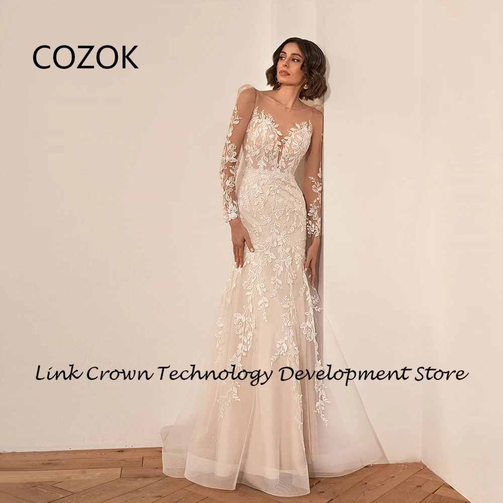 

COZOK Champagne Mermaid Wedding Dresses for Women Full Sleeve V Neck Bridal Gowns with Lace 2024 Summer New Vestidos De Novia