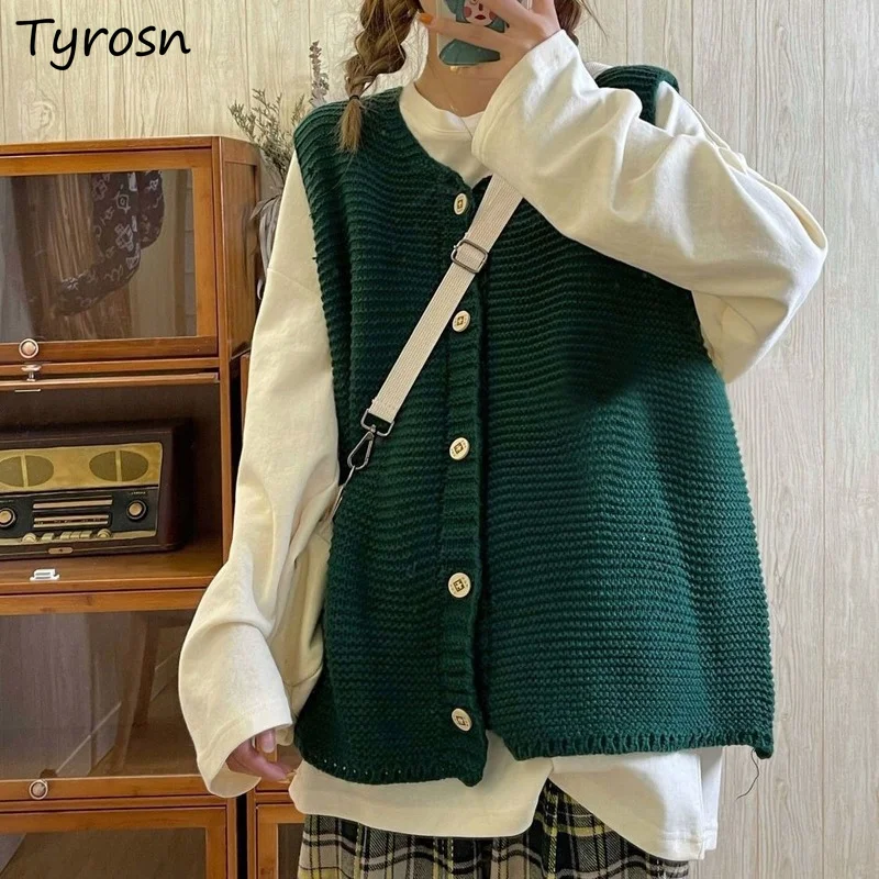 

Green Sweater Vest Solid Single Breasted Spring Autumn Christmas All Match Students Fashion Ulzzang Loose Leisure Vintage Knit