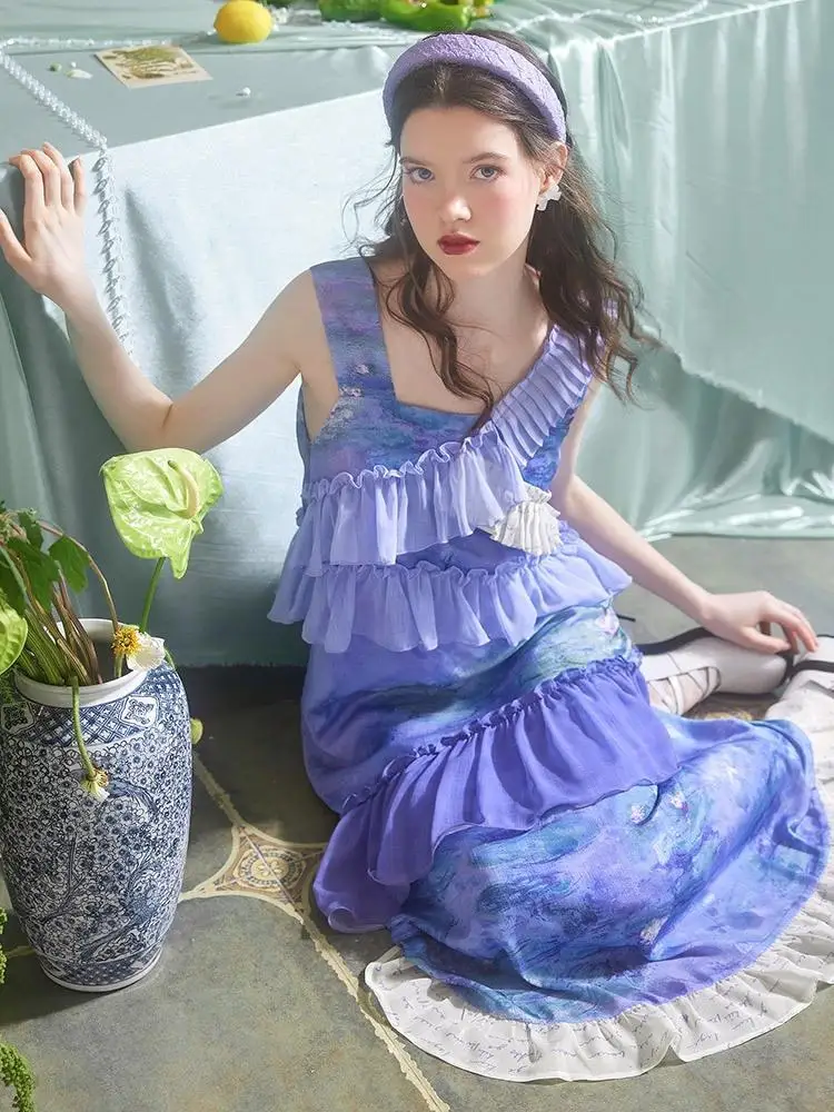Fashion Elegant Summer Dress 2023 Temperament Blue Oil Painting Dress Retro Art Sweet Women' S Clothes
Fashion Elegant Summer Dress 2023 Temperament Blue Oil Painting Dress Retro Art Sweet Women' S Clothes