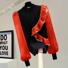 Fashion Pullovers for Women Chiffon Sleeve Stitch Shiny Rhinestone Ruffled Knitwear Outer Wear Tops 2022 Spring Korean Style 
Fashion Pullovers for Women Chiffon Sleeve Stitch Shiny Rhinestone Ruffled Knitwear Outer Wear Tops 2022 Spring Korean Style
