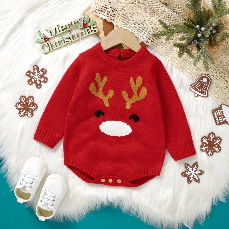 

Baby Christmas Romper Long Sleeve Crew Neck Deer Print Knit Bodysuit Newborn Playsuit