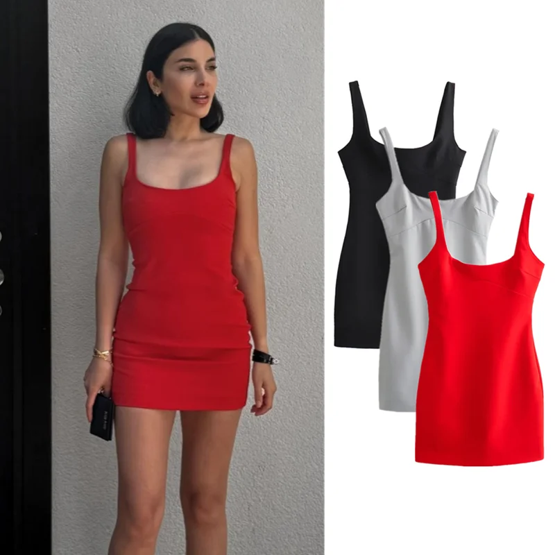 Женское Короткое платье без рукавов Taop & Za, однотонное элегантное облегающее платье с квадратным вырезом и открытой спиной, лето 2024 
Женское Короткое платье без рукавов Taop & Za, однотонное элегантное облегающее платье с квадратным вырезом и открытой спиной, лето 2024