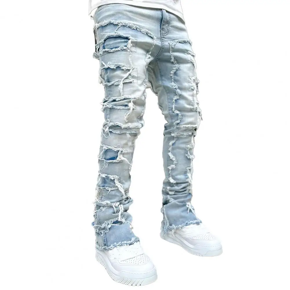 

Mens Stacked Jeans Fit Ripped Jeans Destroyed Straight Denims Pants Vintage Hip Hop Trouser Streetwear