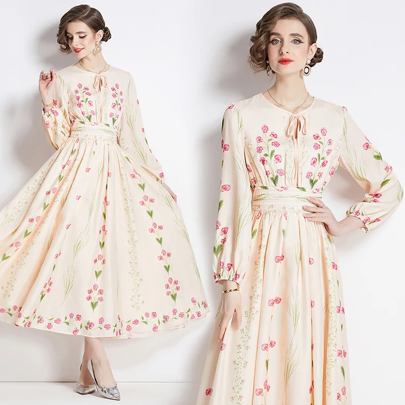 

2024 Spring New Apricot Silk Flower Printed Long sleeved Dress for Women O-Neck Spliced Waist Slimming A-line Skirt Long Dress