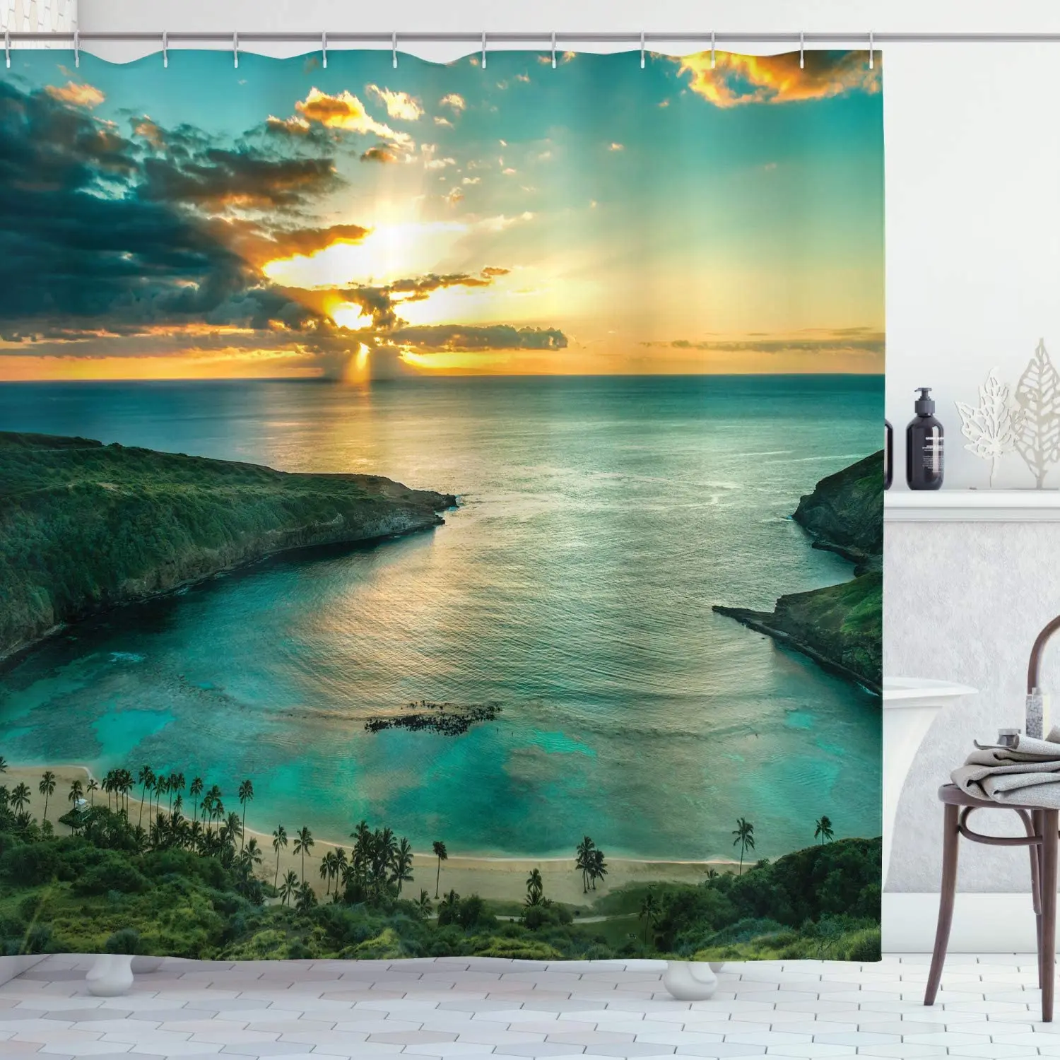 Hawaiian Shower Curtain, Sunrise Over Hanauma Bay Oahu Hawaii Sunbeams Through Clouds Shoreline, Cloth Fabric Bathroom
Hawaiian Shower Curtain, Sunrise Over Hanauma Bay Oahu Hawaii Sunbeams Through Clouds Shoreline, Cloth Fabric Bathroom