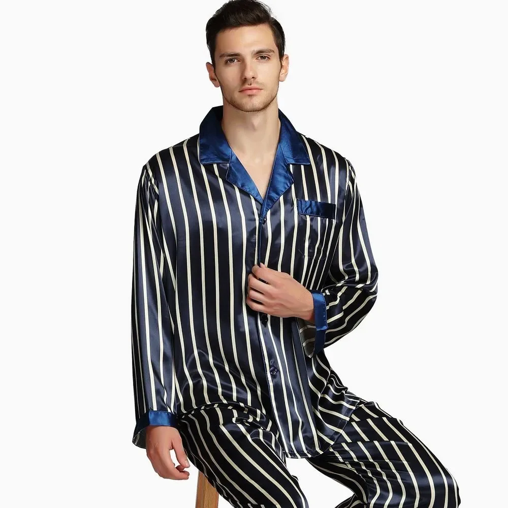 

Mens Silk Satin Pajamas Set Pajama Pyjamas PJS Set Sleepwear Set Nightwear Loungewear S,M,L,XL,2XL ,3XL,4XL Strip Plus