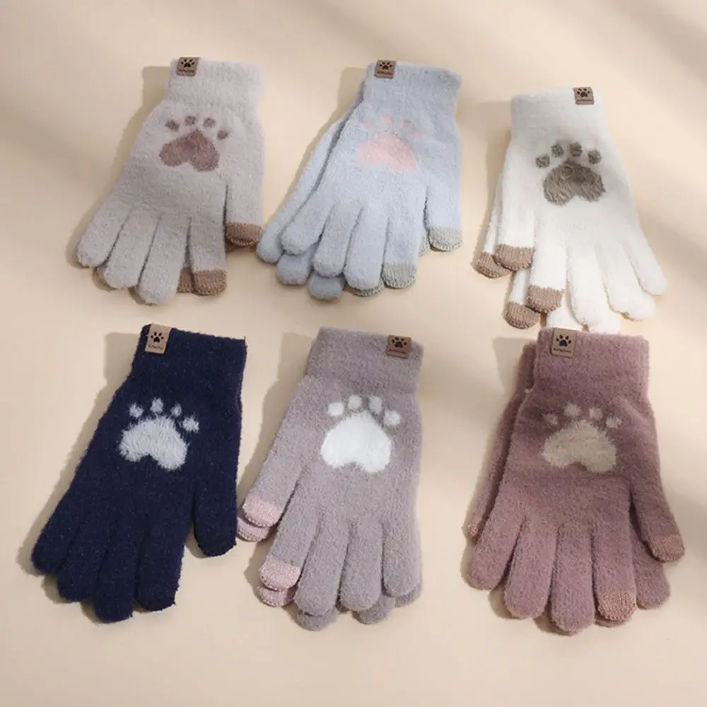 

Warm Simple Elastic Cat Paw Plus Velvet Women Touch Screen Gloves Female Gloves Driving Gloves Wool Mittens
