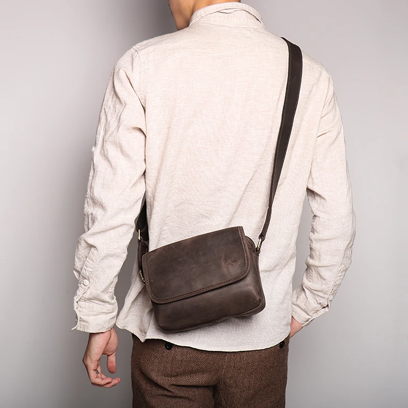 

Real Leather Men's Shoulder Bag Vintage Daily Zipper Flap Phone Bag Man Simple Bag Crazy Horse Leather Retro Sling Ba
