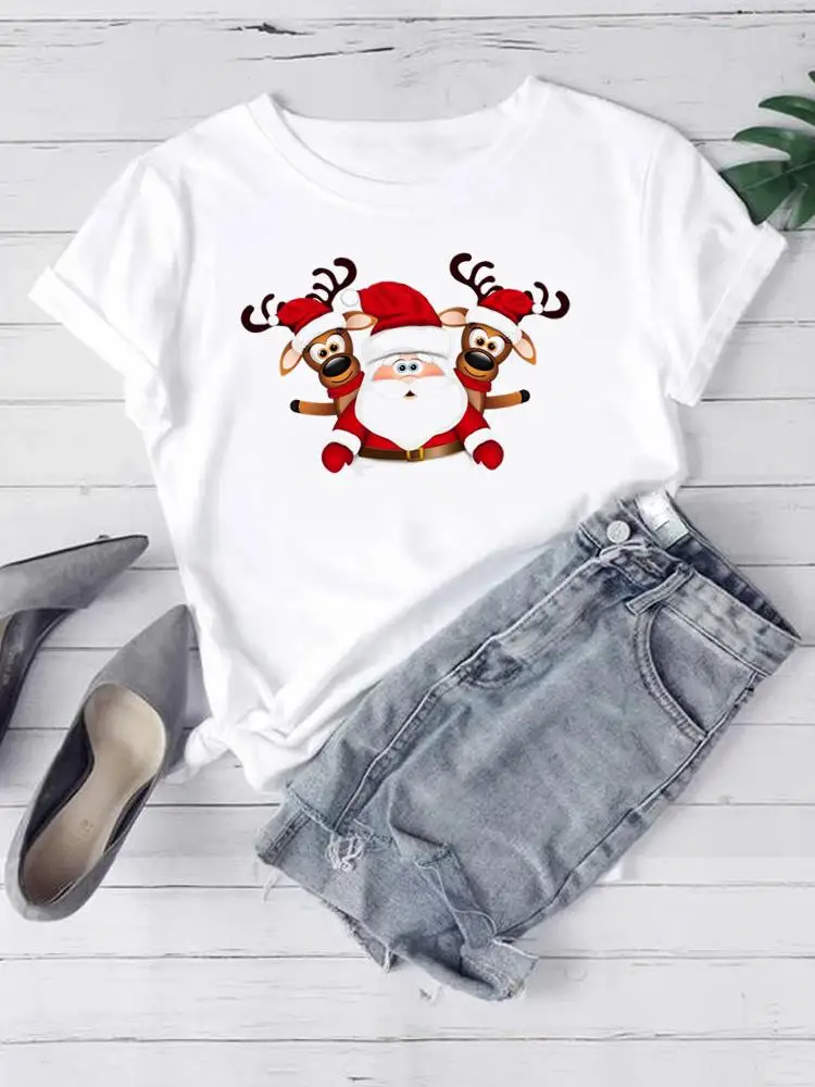 

Милый мультяшный тренд 90-х, милая Новогодняя одежда, футболка, Рождественская женская мода, женские футболки с коротким рукавом и принтом, футболка с графическим рисунком