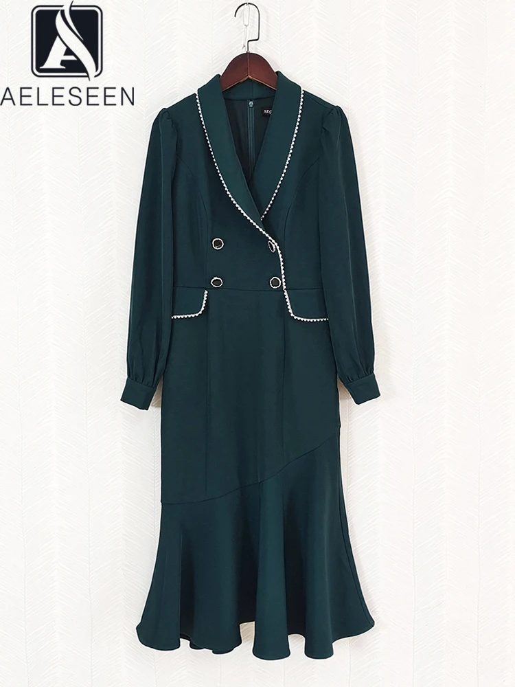 

AELESEEN Office Ladies Green Trumpet Dress Runway Fashion High Quality Pearls Beading Notched Lantern Sleeve Vintage Elegant