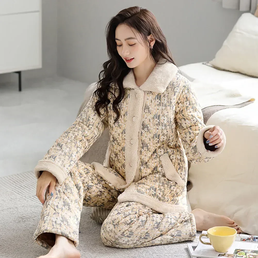 

Winter Fashion Plaid Set Flannel Loungewear Inner Layer Cotton Antistatic Pajamas Thicken Warm 3-layer Mujer Women 100% Pijama