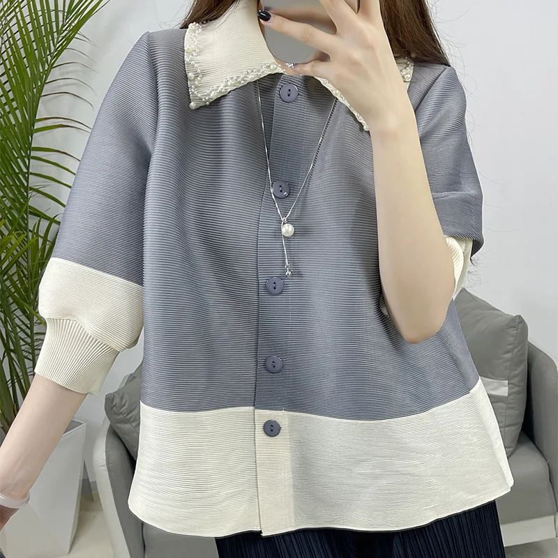 

2024 New Miyake Pleated Casual Beading Contrast Color Three-quarter Sleeve Shirt Top Women's Loose and Versatile Cardigan