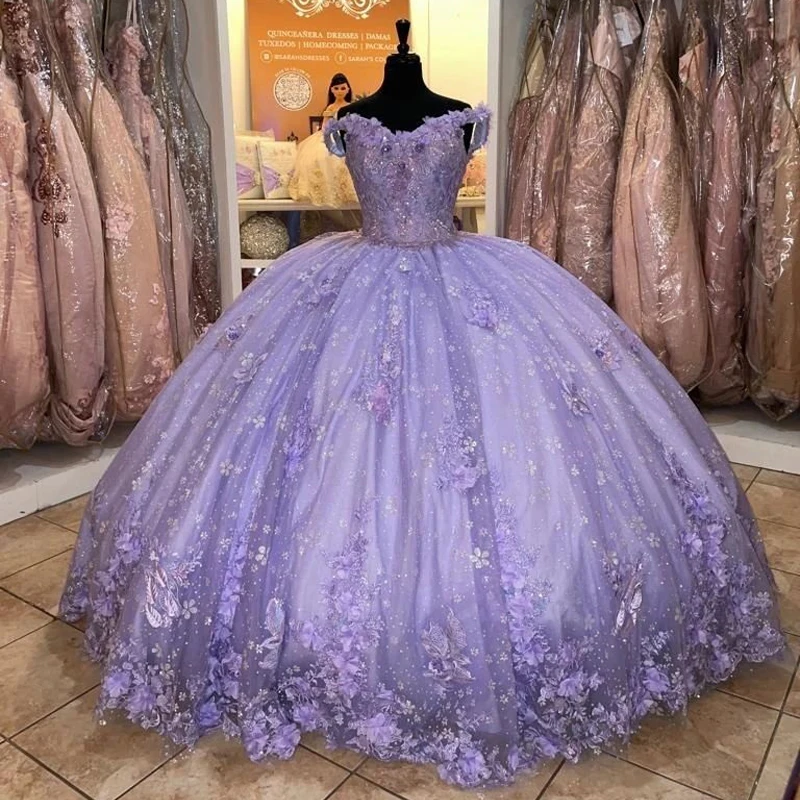 

Lavender Bling 3D Flower Sweetheart Quinceanera Dresses with Big Beading Lace Cinderella Princess Ball Gowns Vestidos De 15 Anos