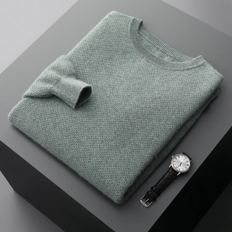 

Новый модный мужской свитер из 100% чистого кашемира, большой теплый и плотный зимний Повседневный вязаный пуловер с круглым вырезом