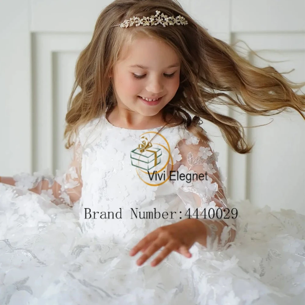 

White Scoop Flower Girl Dresses with Applique 2023 Full Sleeve Tiered Tutu Wedding Party Gowns Princess فساتين للحفلات الراقصة