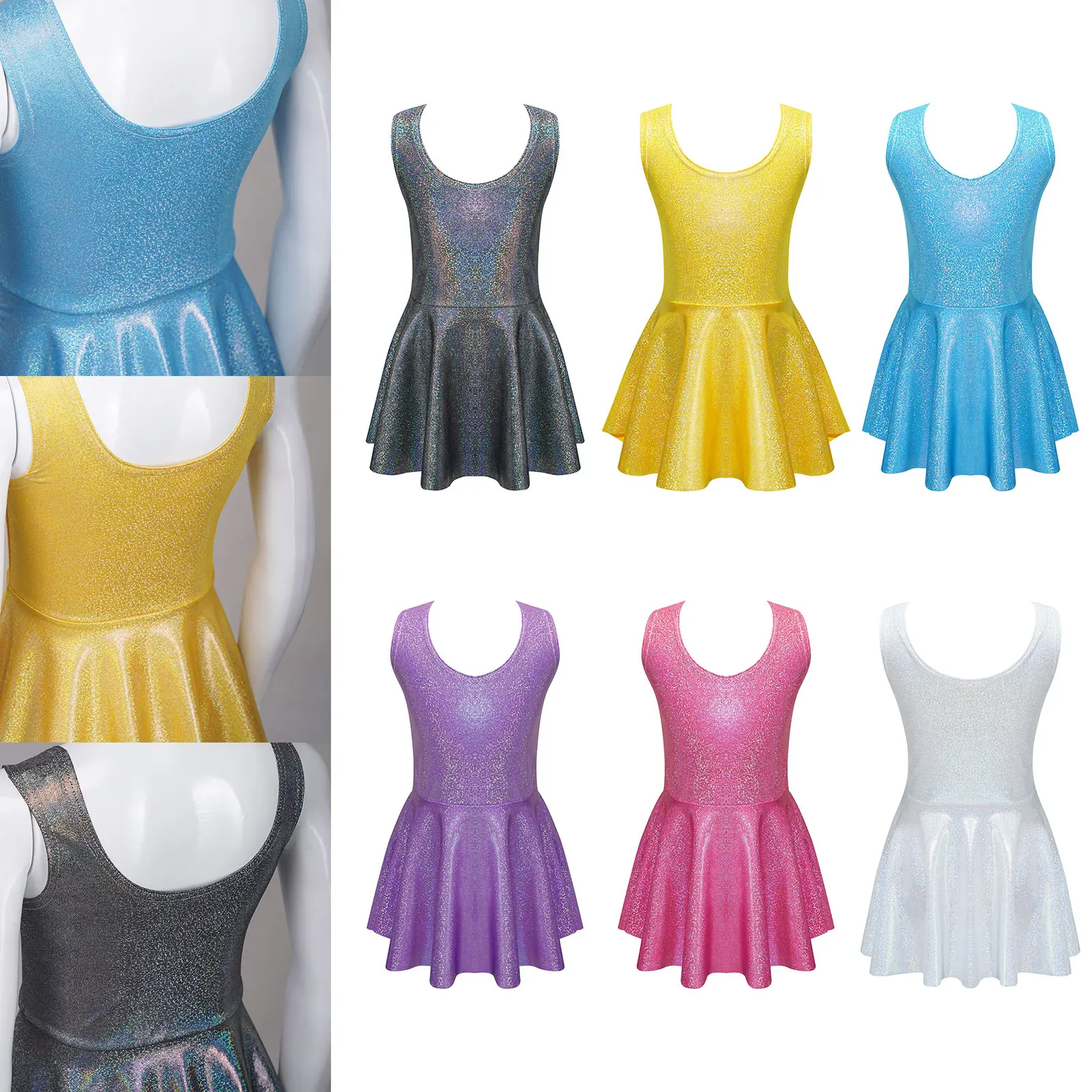 

ZDHoor Kids Girl Metallic Sundress Pleated Skirt U Neck Sleeveless Tank Dress Dancewear for Jazz Dance Cheerleading Performance