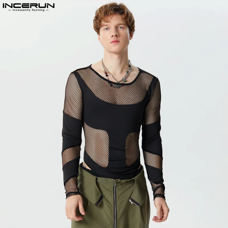 

INCERUN 2024 Sexy Homewear Men See-through Mesh Spliced Triangle Jumpsuits Fashion Casual Male Thin Long Sleeved Bodysuits S-3XL