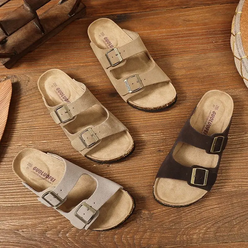 

2024 Summer Men's Mule Clogs Slippers High Quality Classic Two Buckle Cork Slides Sandals Footwear For Men Genuine Leather Shoes